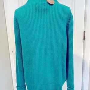 Apricot Sweater Teal Mock Neck Ribbed Funnel Cuffed Sleeves Pull over Wool Blend